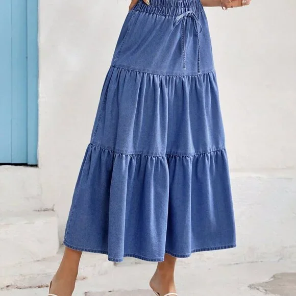 Medium Wash Boho Women's Relaxed Elastic Waist Long Denim Skirt - Picture 6 of 6